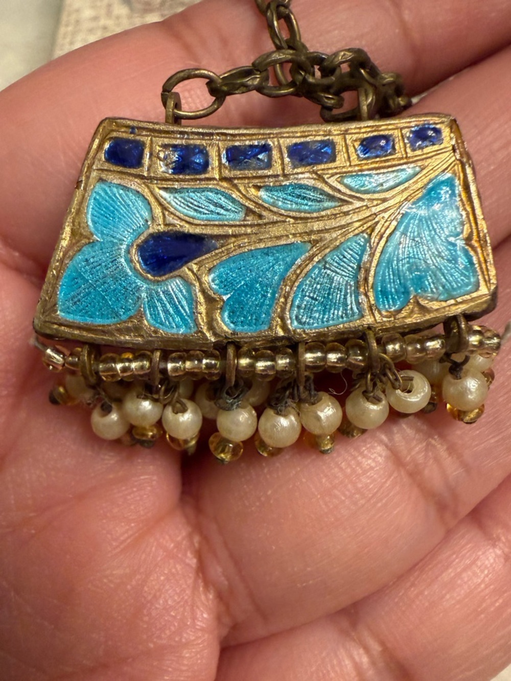2 Piece Vintage Gold Reversible Pearl Fringe Enamel Necklace & Mouse Brooch